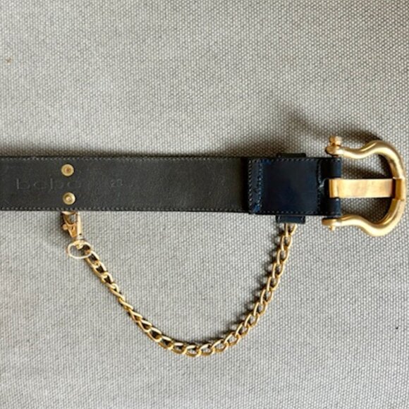 1990's Vintage Navy Leather Gold Chain Belt - Picture 4 of 6